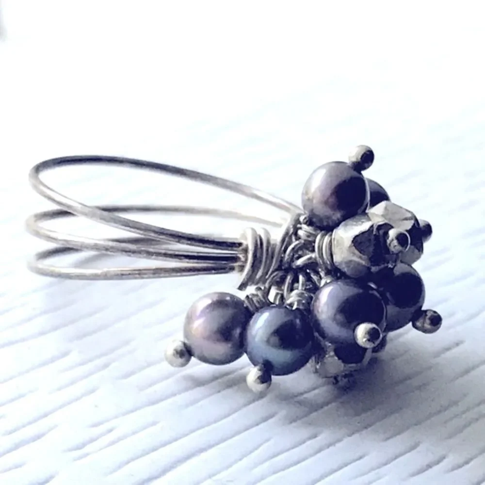 Freshwater Pearl Cluster Ring Beaded Wire Multi-band Boho Beachy Coastal Blue